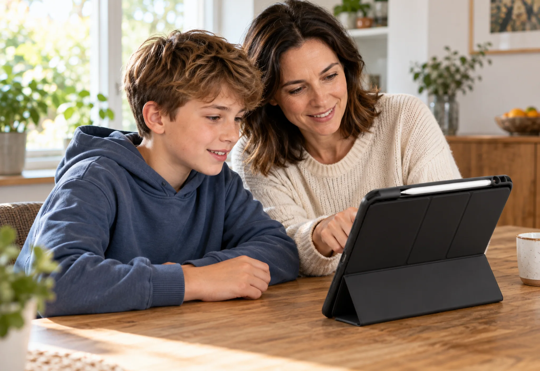 Elternteil und Kind mit dem neuen Schul-Tablet