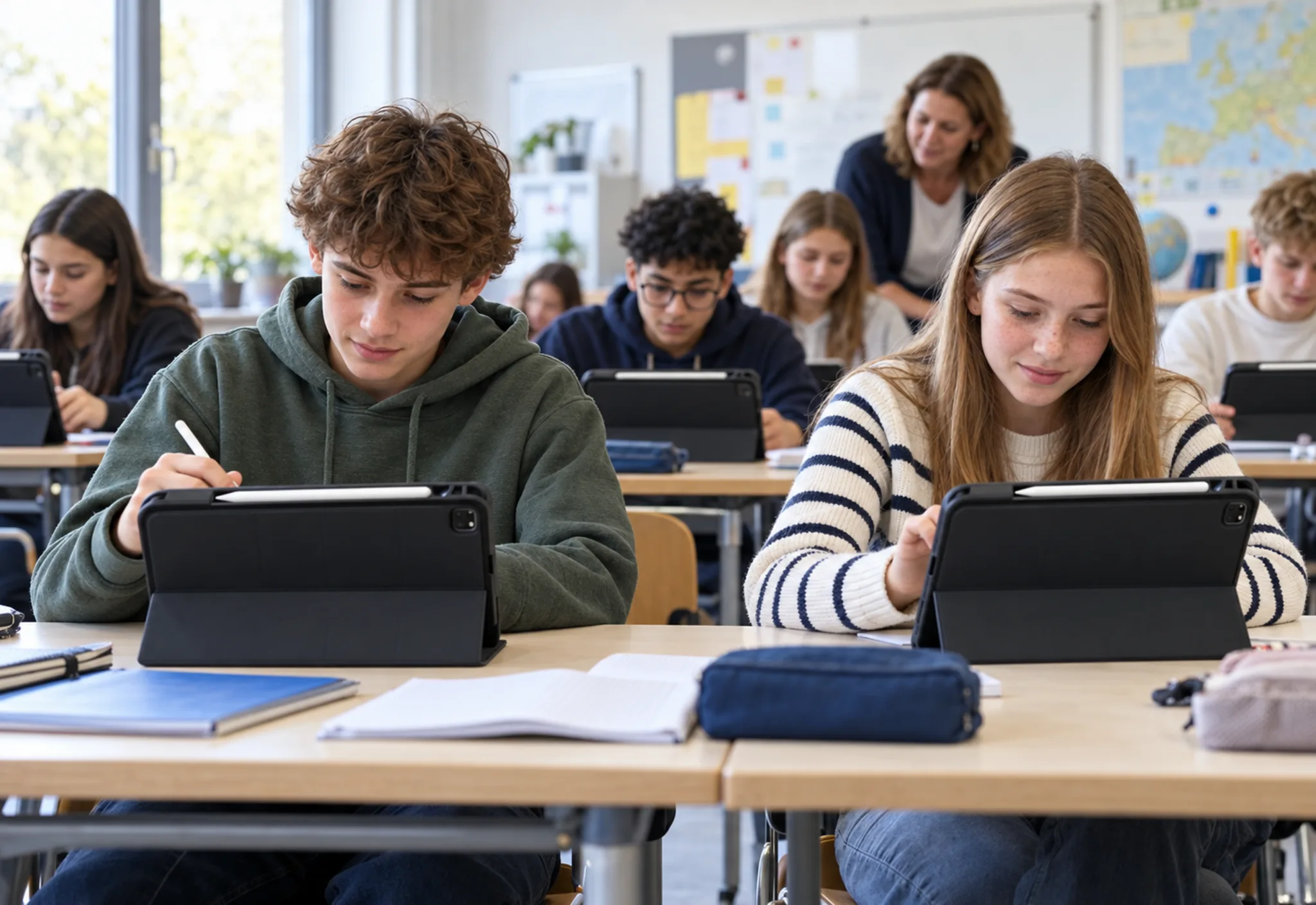 Schülerinnen und Schüler arbeiten mit Tablets im Klassenzimmer