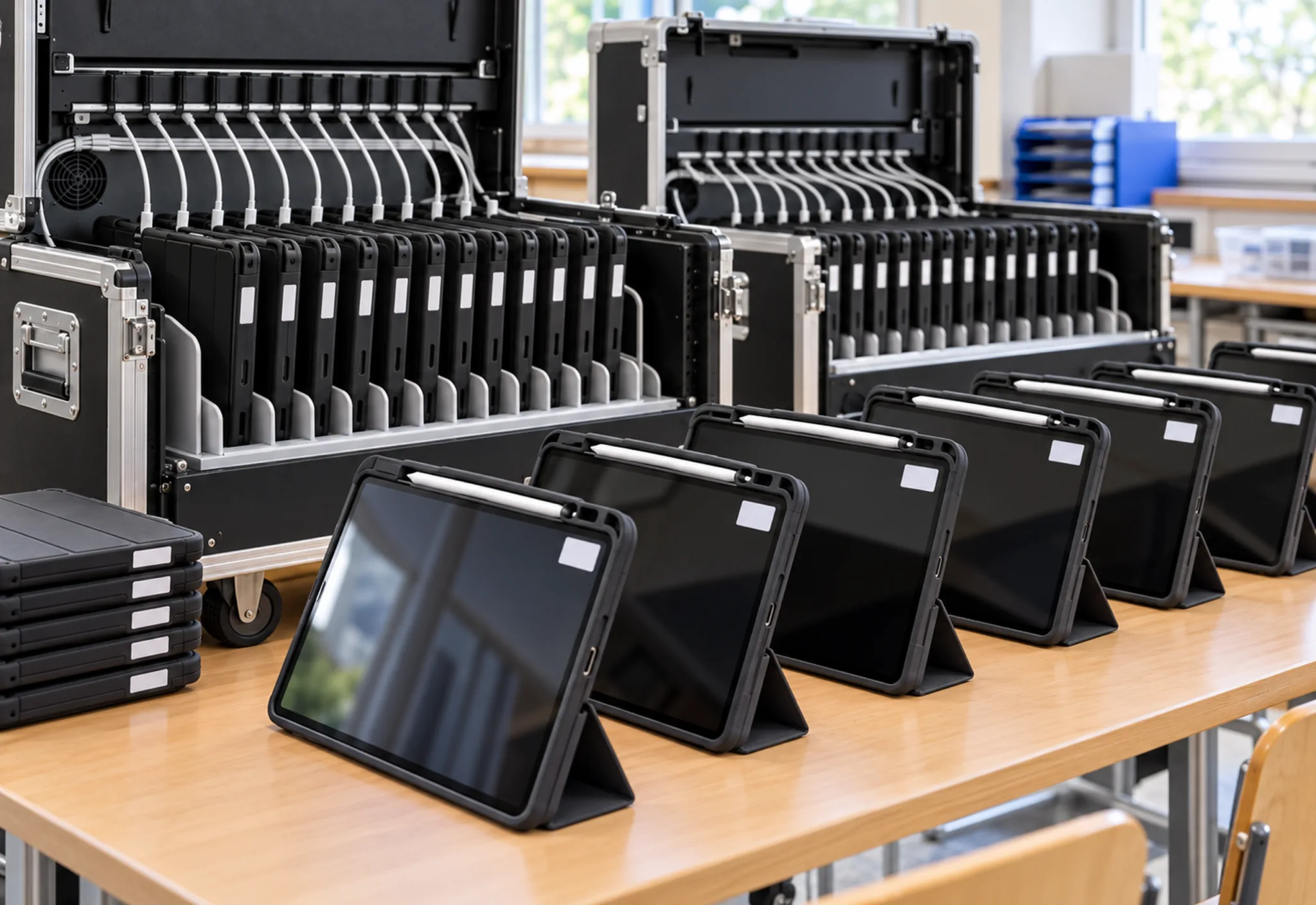 Vorbereitete Tablets werden klassenweise ausgegeben