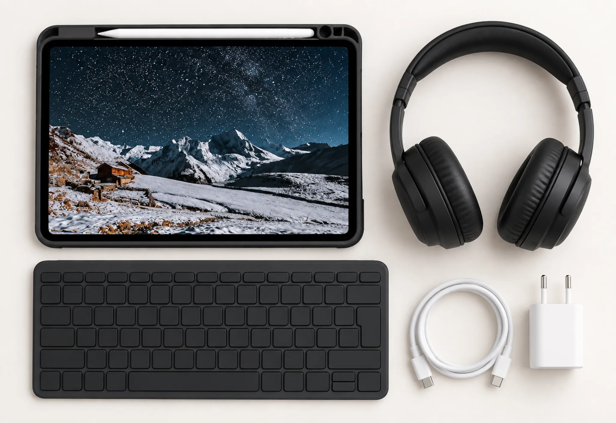 Tablet mit Hülle, Stift und Tastatur im Klassenzimmer